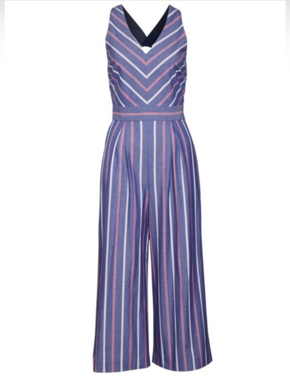 1901 Nordstrom Blue Pink Striped Cropped Jumpsuit V-Neck Wide Leg Side Zip Sz. 4